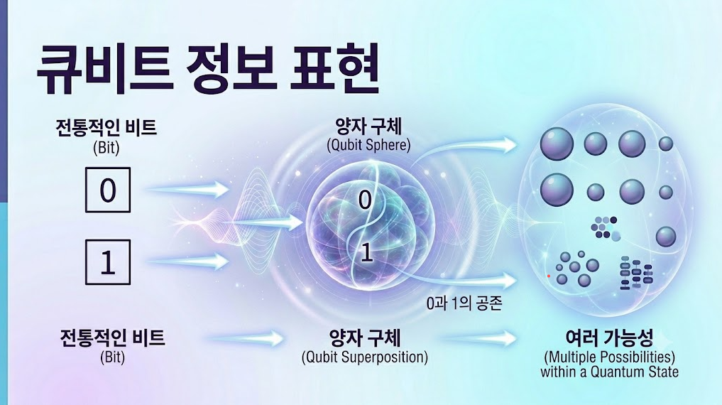 큐비트가 중첩 상태를 통해 정보를 표현하는 과정을 시각적으로 설명한 양자컴퓨팅 이미지