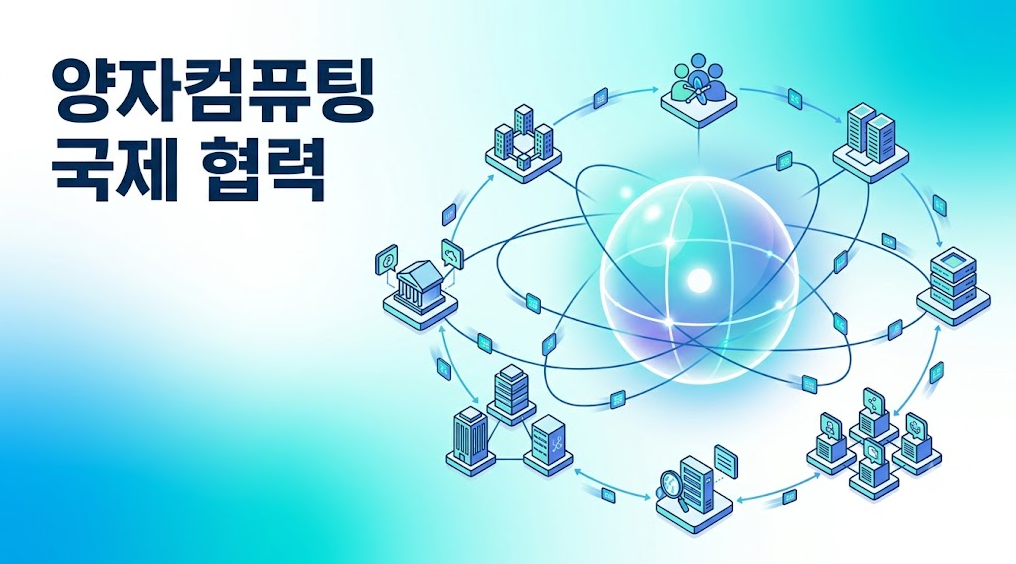 양자컴퓨팅 분야에서 국가와 연구기관이 협력하는 글로벌 연구 네트워크를 표현한 교육용 인포그래픽