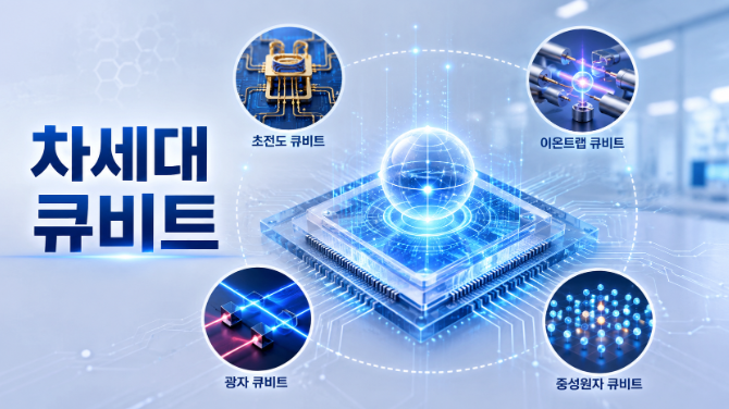 차세대 큐비트 연구를 상징하는 양자 칩과 다양한 큐비트 구현 방식을 표현한 과학 인포그래픽 이미지