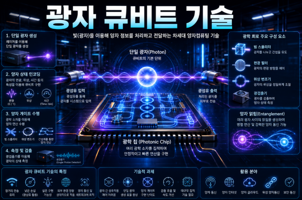 광자와 광학 칩, 광섬유를 이용해 양자 정보를 전달하는 광자 큐비트 기술 개념 이미지