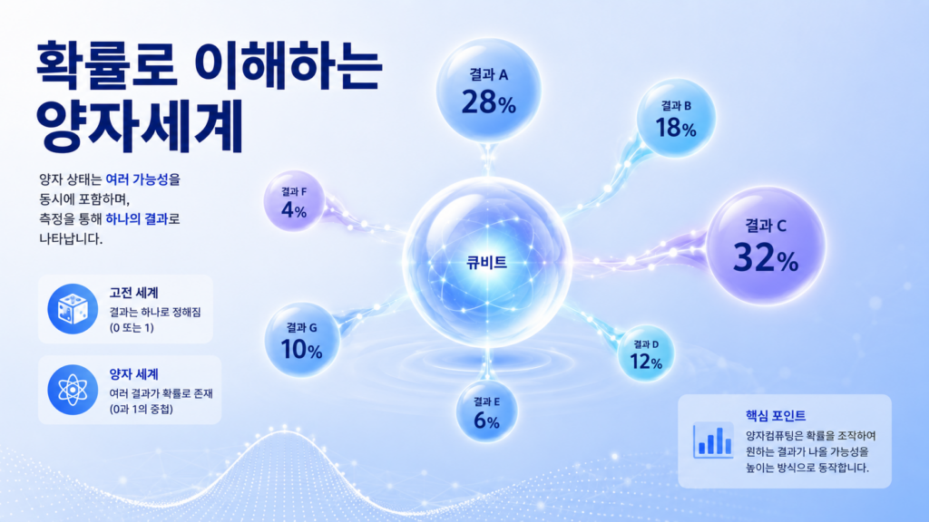 중앙의 큐비트와 여러 확률 노드를 통해 양자역학의 확률적 사고방식을 설명하는 교육용 이미지