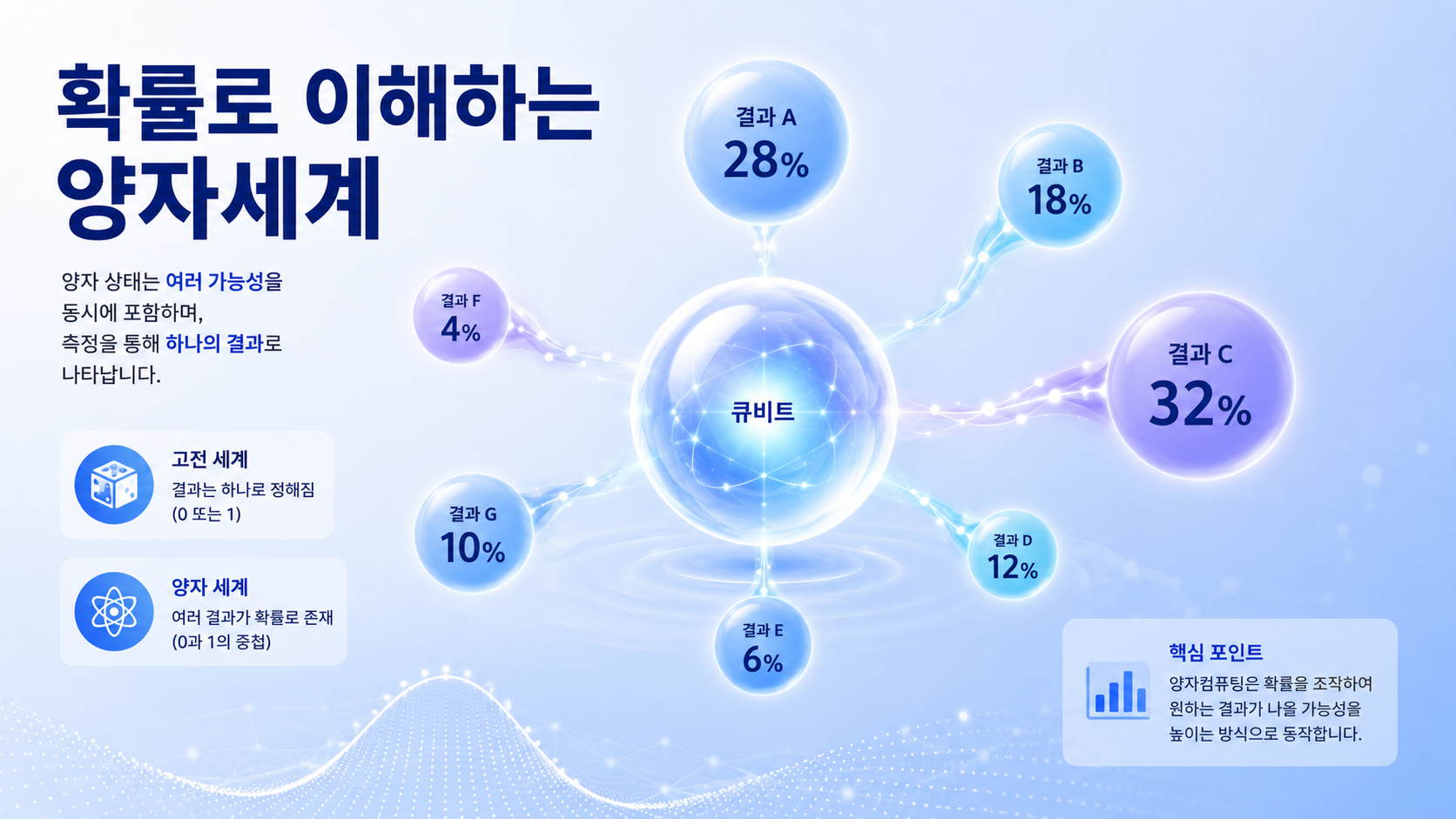 중앙의 큐비트와 여러 확률 노드를 통해 양자역학의 확률적 사고방식을 설명하는 교육용 이미지