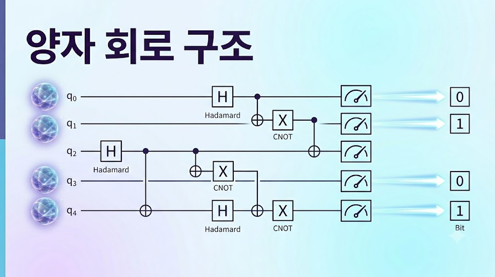 큐비트와 양자 게이트, 측정 과정을 연결한 양자컴퓨팅 회로 구조를 설명하는 인포그래픽 이미지