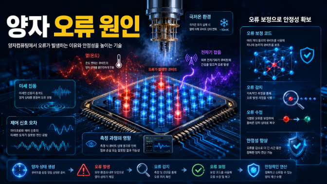 양자칩에 열과 전자기 잡음이 영향을 주어 오류가 발생하고 오류 보정 기술이 이를 안정화하는 과정을 표현한 이미지