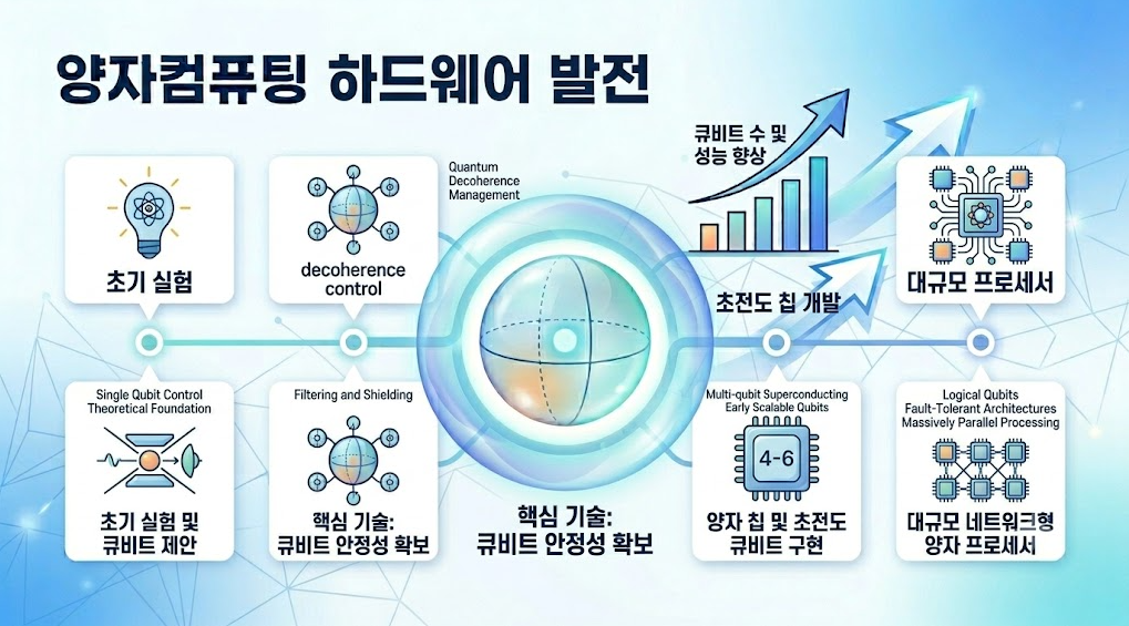 양자컴퓨팅 하드웨어가 초기 실험 장치에서 대규모 양자 프로세서로 발전하는 과정을 보여주는 타임라인 인포그래픽