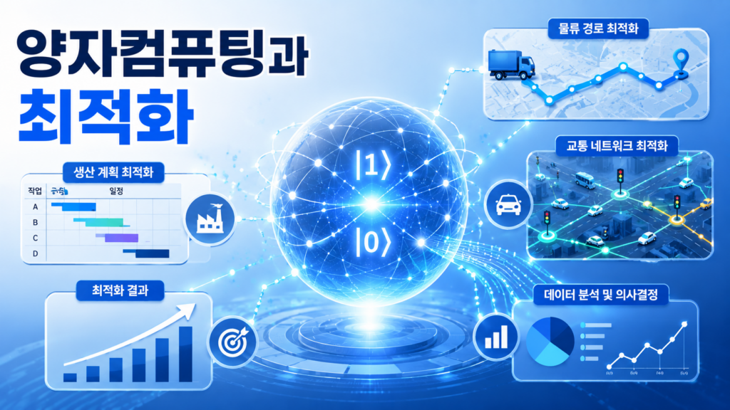 양자컴퓨팅을 활용해 물류와 생산 계획 등 복잡한 최적화 문제를 해결하는 과정을 표현한 교육용 인포그래픽