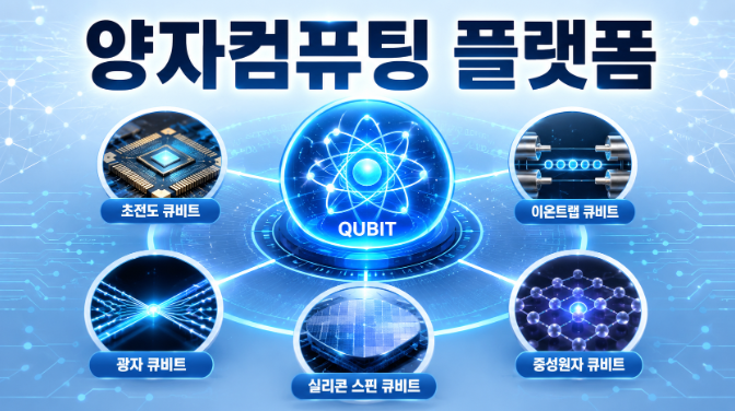다양한 큐비트 구현 플랫폼이 중앙의 양자 코어와 연결된 구조를 보여주는 양자컴퓨팅 개념 이미지.