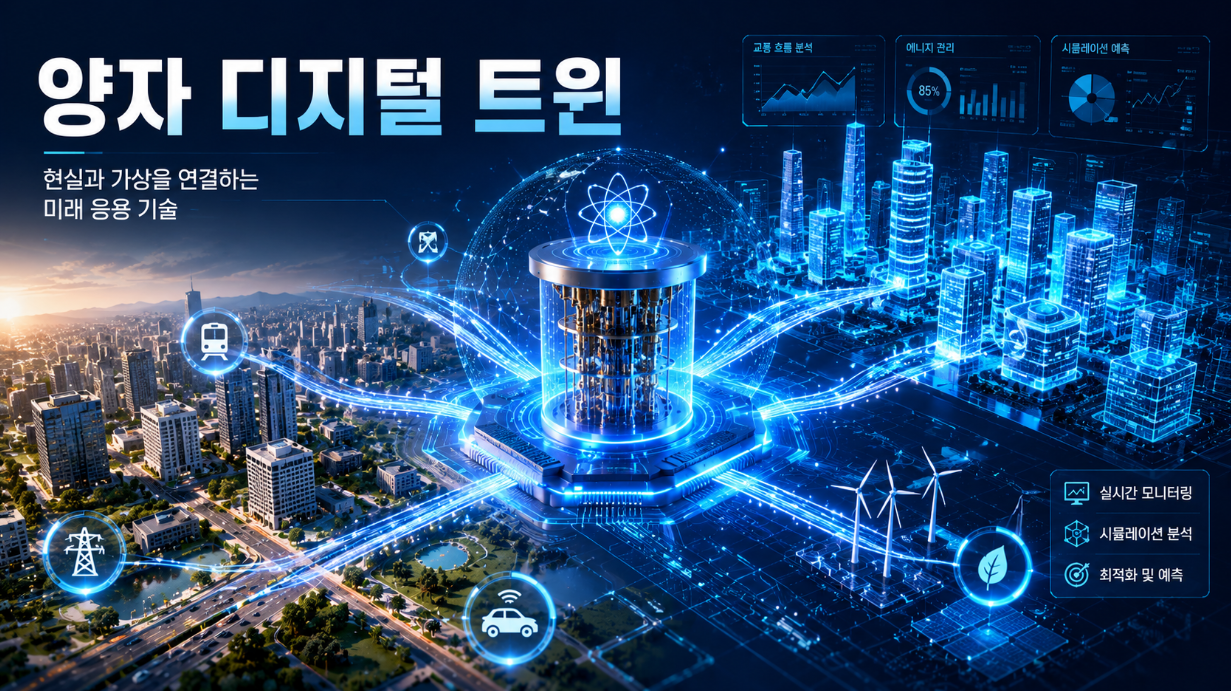 양자컴퓨터와 디지털 트윈 스마트시티가 연결된 미래 기술 개념 이미지