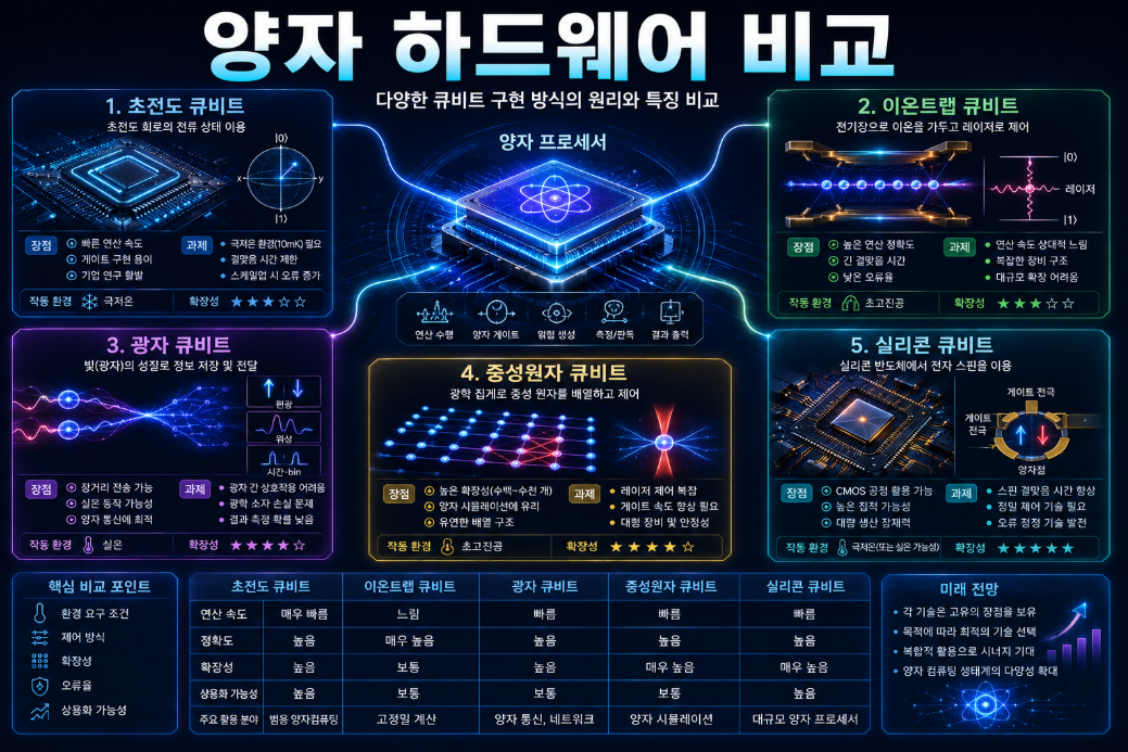 초전도, 이온트랩, 광자, 중성원자, 실리콘 큐비트 등 주요 양자컴퓨팅 하드웨어 방식을 비교한 인포그래픽