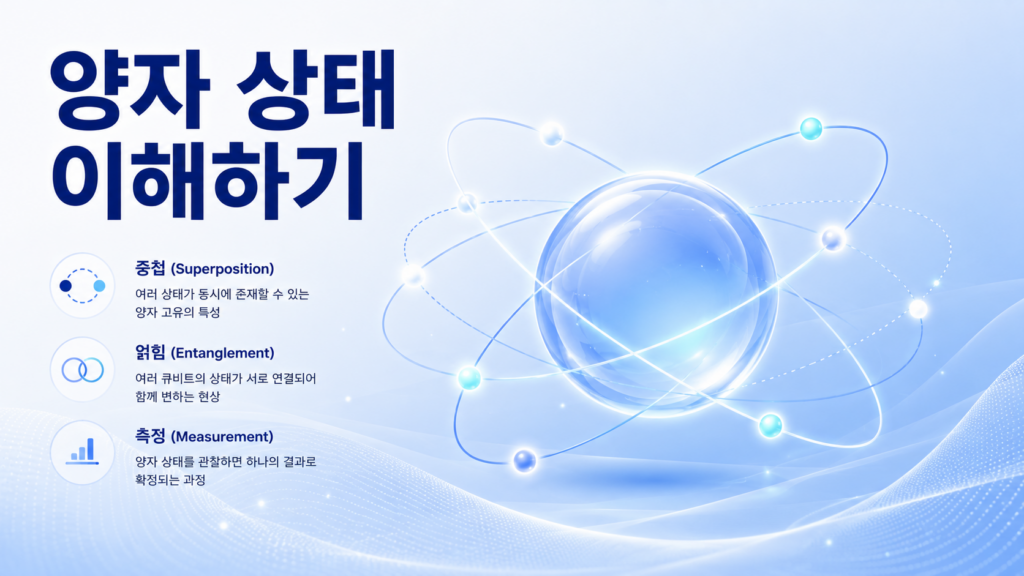 중앙의 반투명 구체와 여러 궤도선으로 양자 상태의 다양한 가능성을 표현한 교육용 이미지