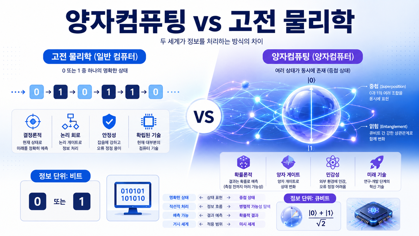 고전 물리학의 비트 구조와 양자컴퓨팅의 큐비트 구조를 비교하여 표현한 교육용 인포그래픽