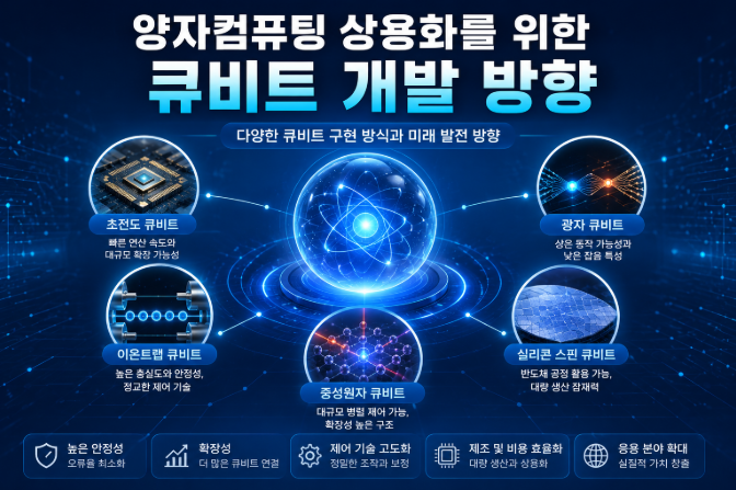 상용화를 위한 큐비트 개발 방향을 안정성, 오류 보정, 확장성 등의 요소와 함께 표현한 양자컴퓨팅 인포그래픽 이미지.