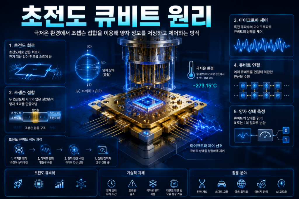 극저온 환경에서 작동하는 초전도 큐비트와 조셉슨 접합 구조를 설명하는 양자컴퓨팅 이미지