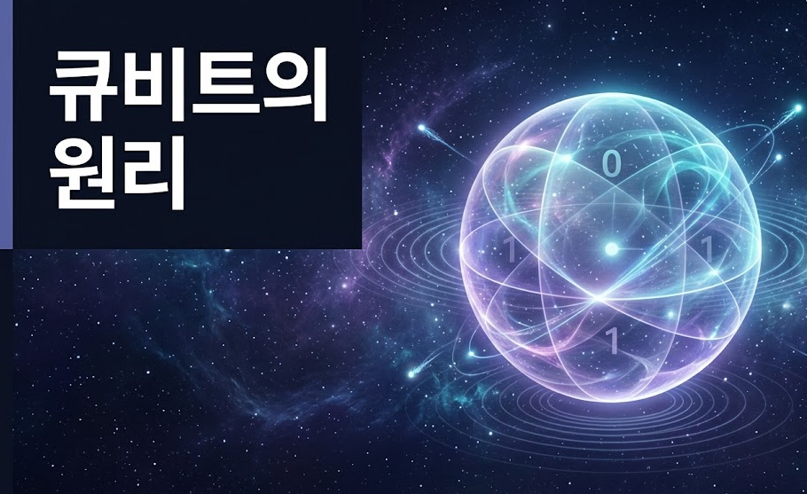 빛나는 양자 입자와 중첩 상태를 시각적으로 표현한 큐비트 개념 설명 이미지