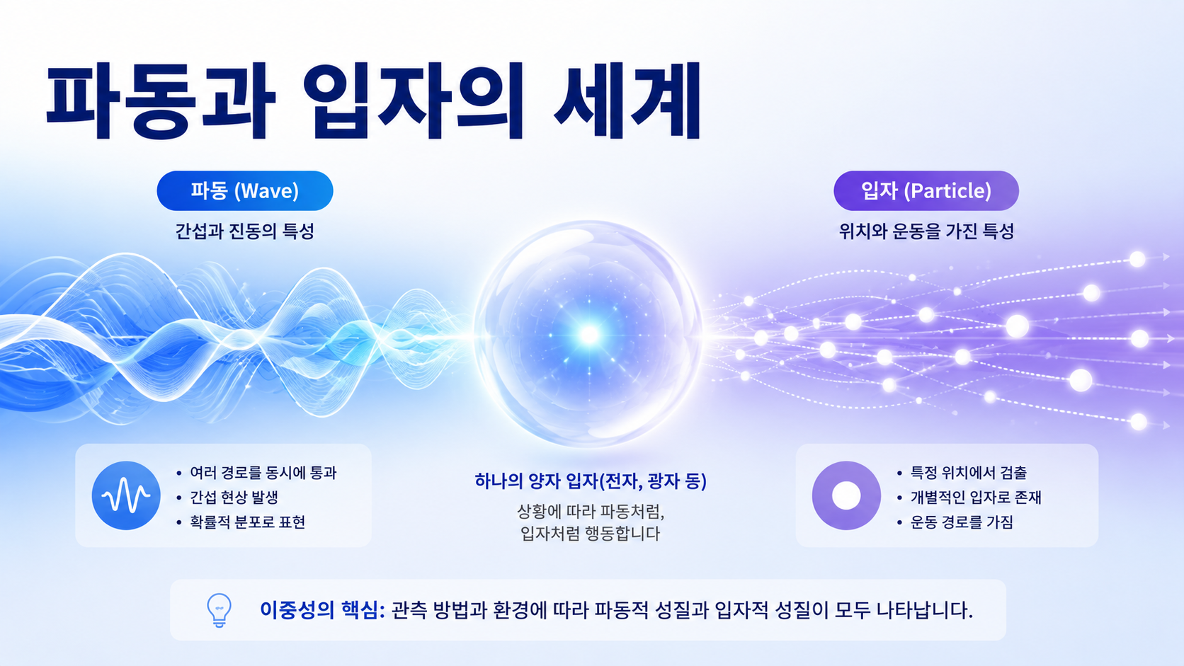 파동과 입자의 특성을 좌우 비교 방식으로 표현한 양자역학 교육용 대표 이미지