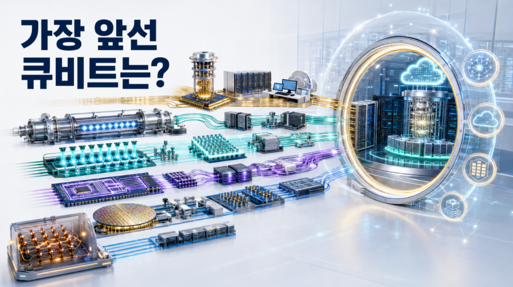초전도·이온트랩·중성원자·광자·실리콘 큐비트가 서로 다른 경로로 상용 양자 데이터센터를 향하는 모습