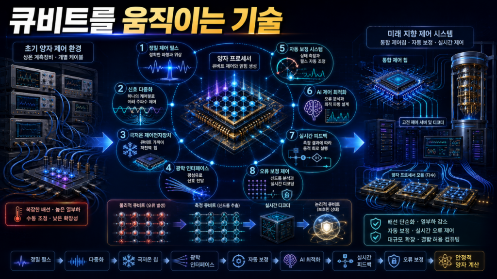 상온 제어장비와 개별 케이블 방식에서 극저온 제어칩, 자동 보정과 실시간 오류 제어로 발전하는 양자컴퓨팅 제어 기술