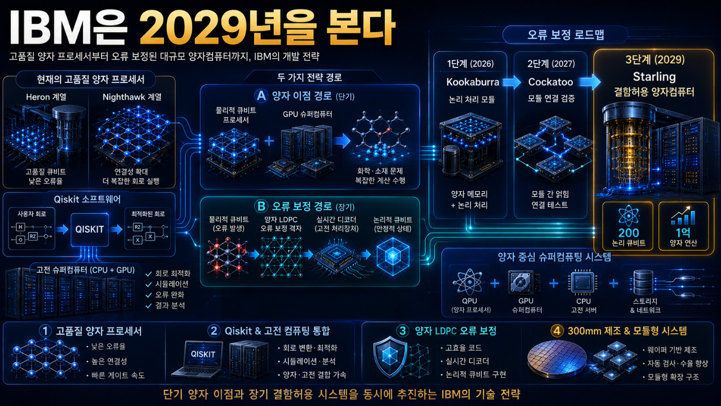 IBM의 고품질 양자 프로세서가 Qiskit과 양자 LDPC 오류 보정, 모듈형 시스템을 거쳐 2029년 결함허용 양자컴퓨터 목표로 발전하는 모습