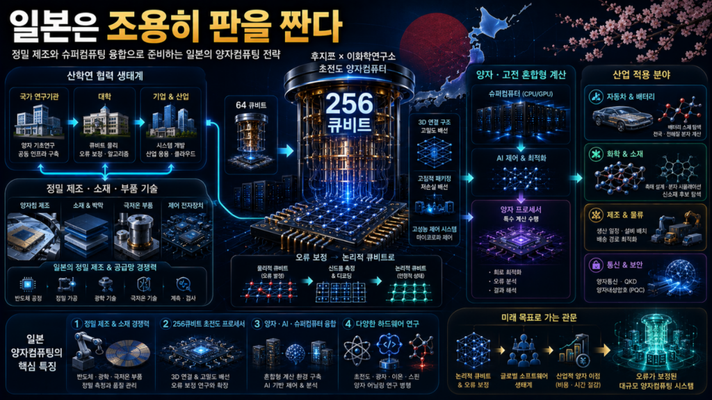 일본의 256큐비트 초전도 양자컴퓨터가 정밀 제조와 소재·부품, AI·슈퍼컴퓨터와 산업 응용으로 연결되는 모습
