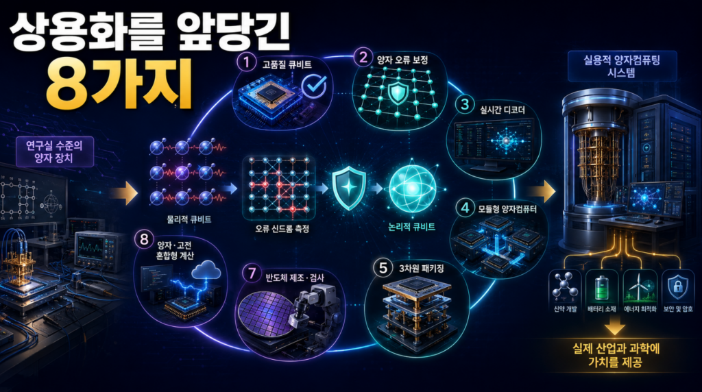 물리적 큐비트가 오류 보정과 디코더, 모듈 연결, 극저온 제어와 제조기술을 거쳐 안정적인 논리적 양자컴퓨터로 발전하는 모습