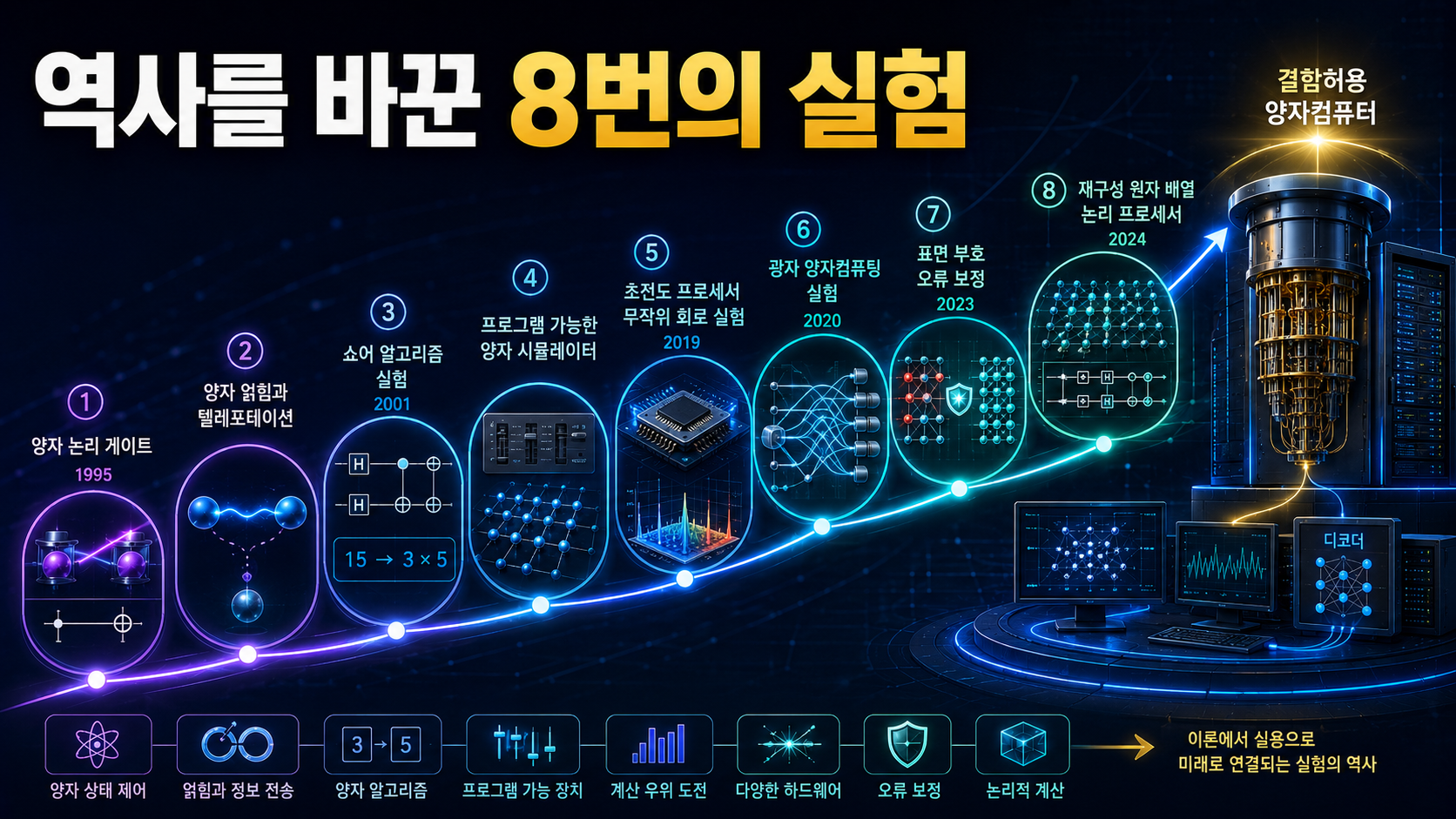 양자 논리 게이트와 쇼어 알고리즘, 양자 계산 우위, 오류 보정과 논리적 큐비트로 이어지는 대표 실험 타임라인