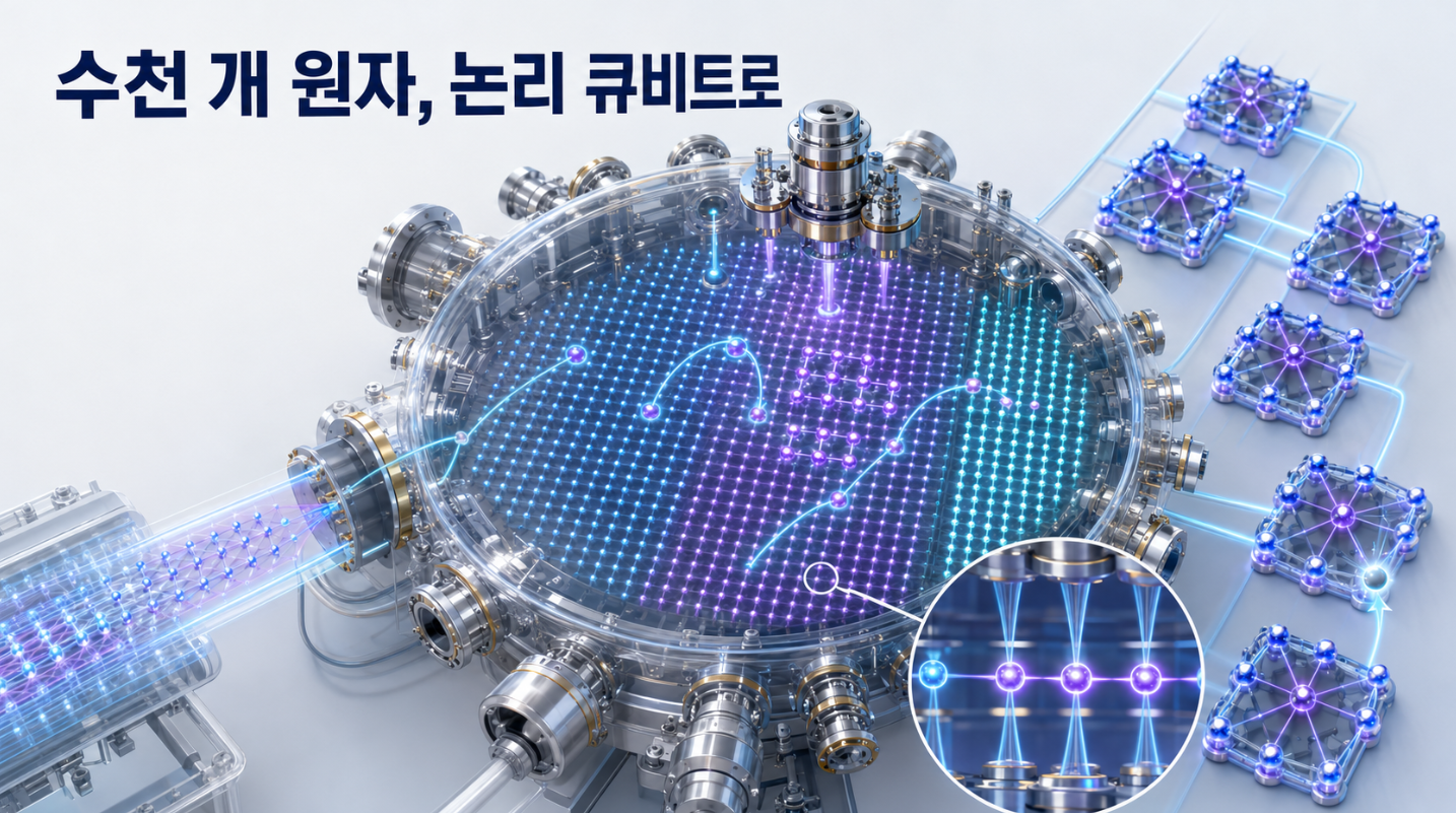 대규모 광학집게 배열의 중성원자들이 연산구역으로 이동하고 손실된 원자를 보충하며 논리 큐비트 블록을 구성하는 모습