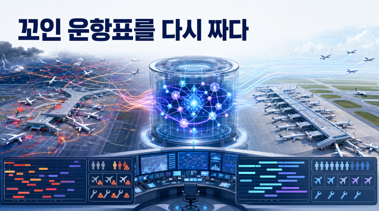 복잡하게 얽힌 항공 운항 일정이 양자컴퓨팅 시스템을 거쳐 항공기와 게이트별 최적 스케줄로 정리되는 모습