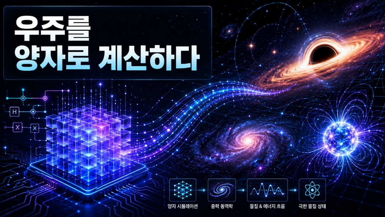 양자 회로와 큐비트 빛 흐름이 블랙홀과 별이 있는 우주 시뮬레이션 장면으로 연결된 과학 기술 이미지