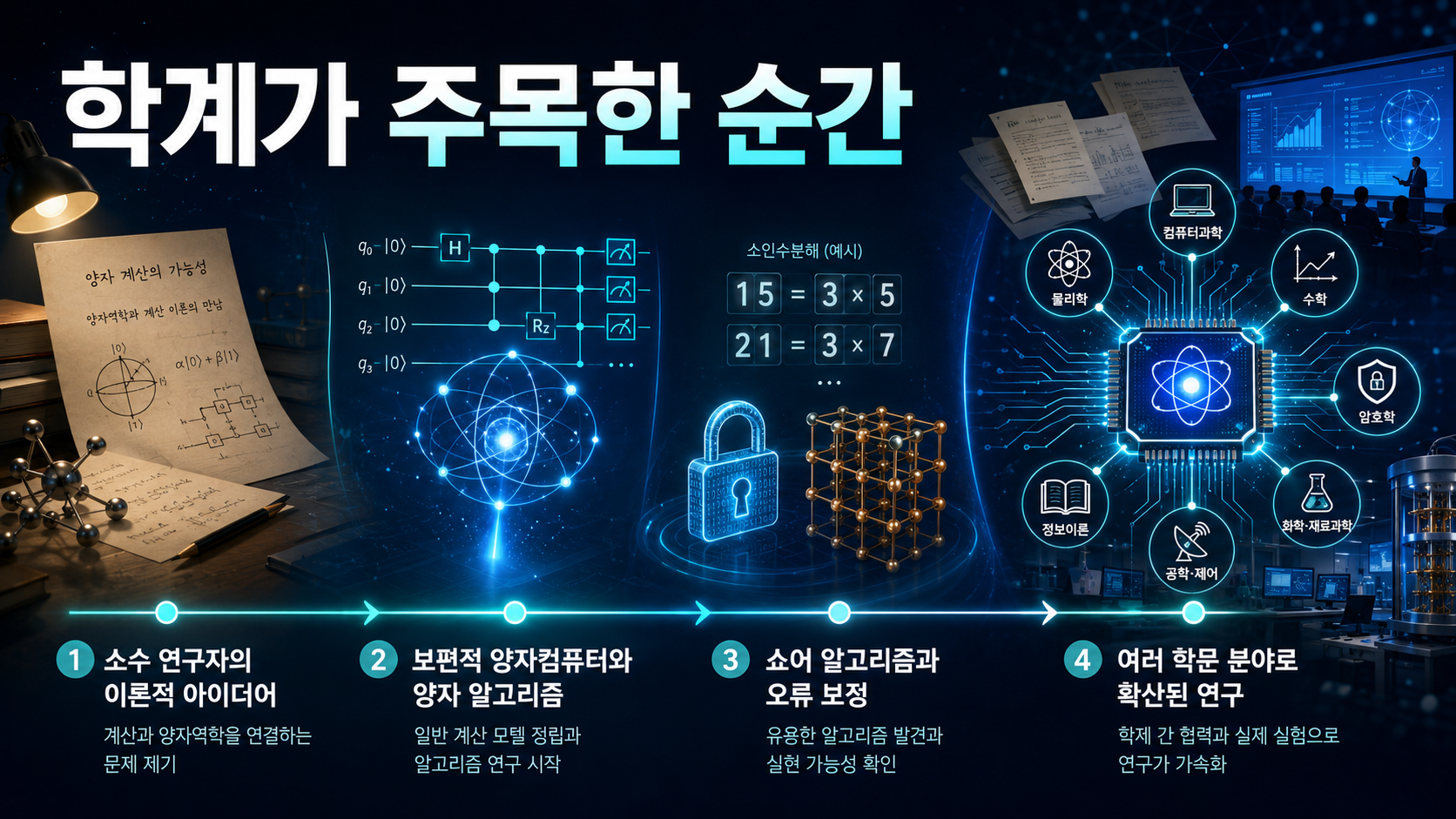 한 장의 이론 논문에서 시작된 빛의 경로가 양자 알고리즘과 오류 보정을 거쳐 여러 학문 분야로 확산되는 과정을 표현한 이미지