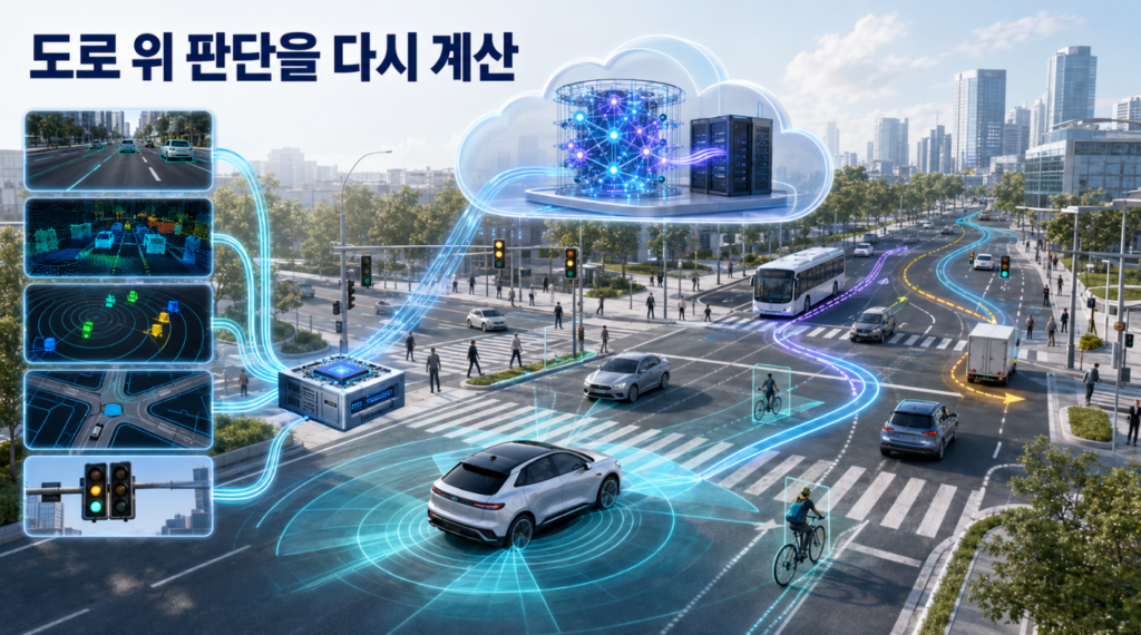 자율주행차의 센서와 교통정보가 원격 양자컴퓨팅 시스템에서 분석되어 안전한 주행경로로 정리되는 스마트시티