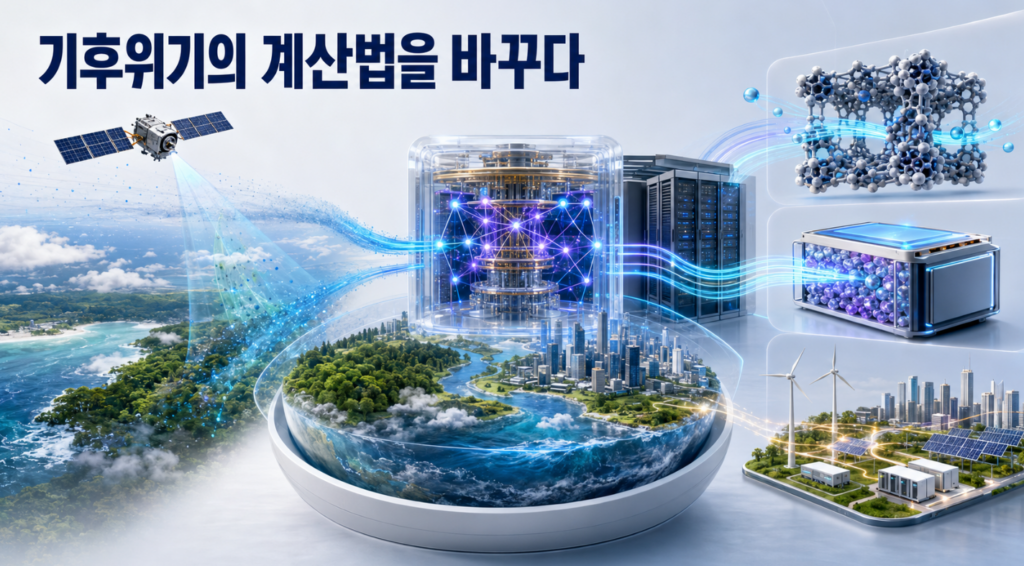 위성에서 수집한 기후자료가 하이브리드 양자컴퓨팅 시스템에서 분석되어 탄소포집 소재와 배터리, 재생에너지 전력망 연구로 연결되는 모습
