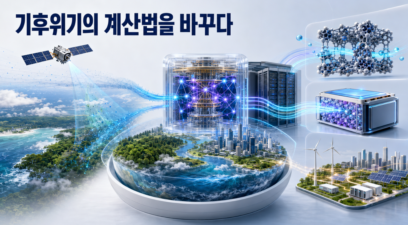 위성에서 수집한 기후자료가 하이브리드 양자컴퓨팅 시스템에서 분석되어 탄소포집 소재와 배터리, 재생에너지 전력망 연구로 연결되는 모습