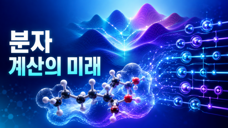 입체 분자 구조와 전자 구름이 양자회로에 연결된 모습으로 양자컴퓨팅과 계산화학의 미래를 표현한 이미지