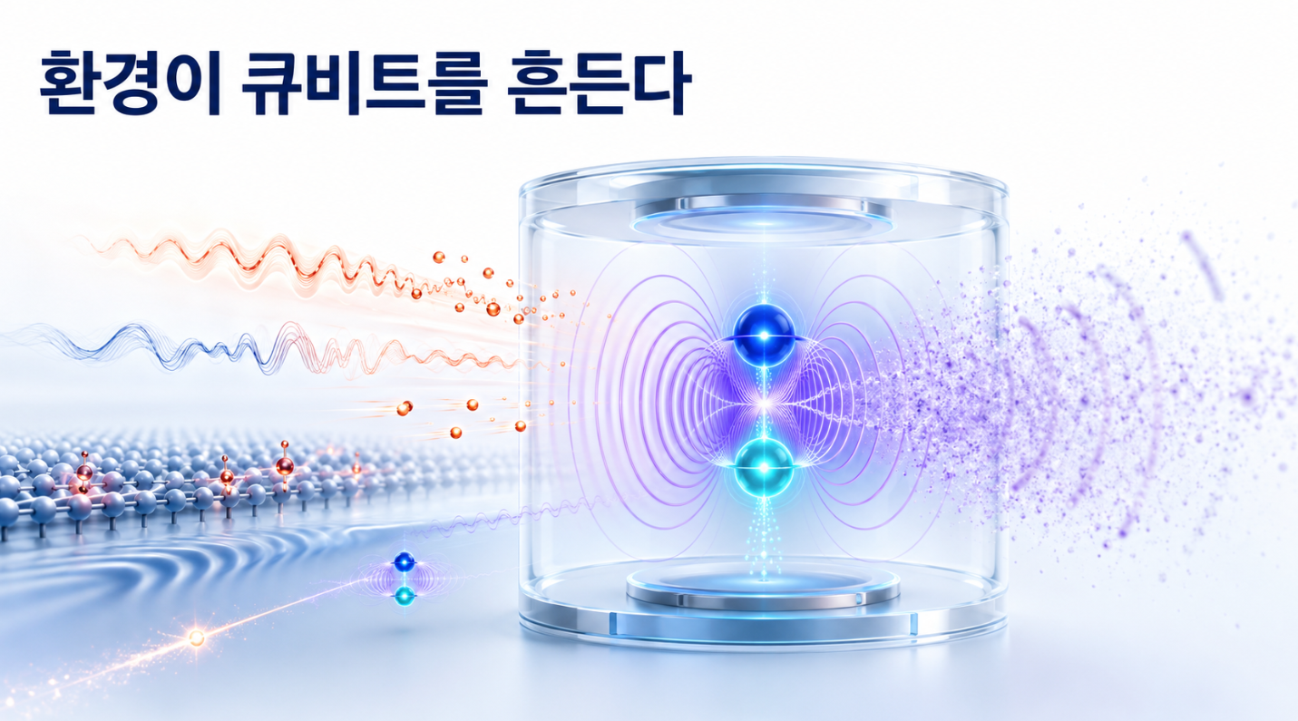 열과 전자기장, 재료 결함과 방사선이 큐비트에 결합해 에너지와 상대위상 정보를 흩뜨리는 모습