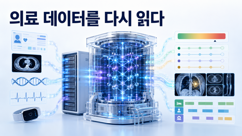 전자의무기록과 의료영상, 유전체와 웨어러블 데이터가 하이브리드 양자컴퓨팅 시스템에서 분석되는 모습