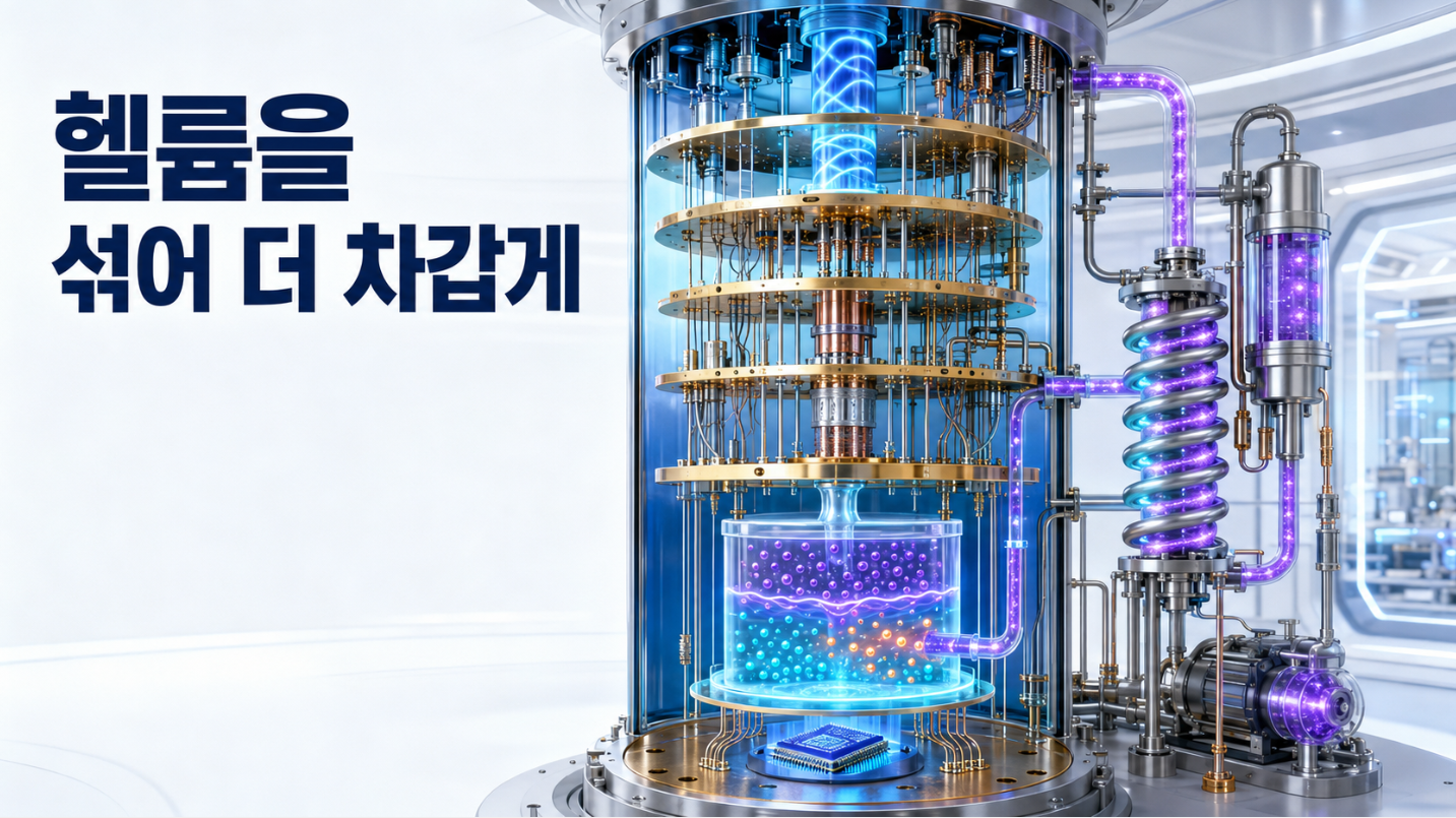 헬륨-3이 헬륨-4가 많은 희석상으로 이동하며 열을 흡수하고 초전도 양자프로세서를 냉각하는 희석냉동기 구조