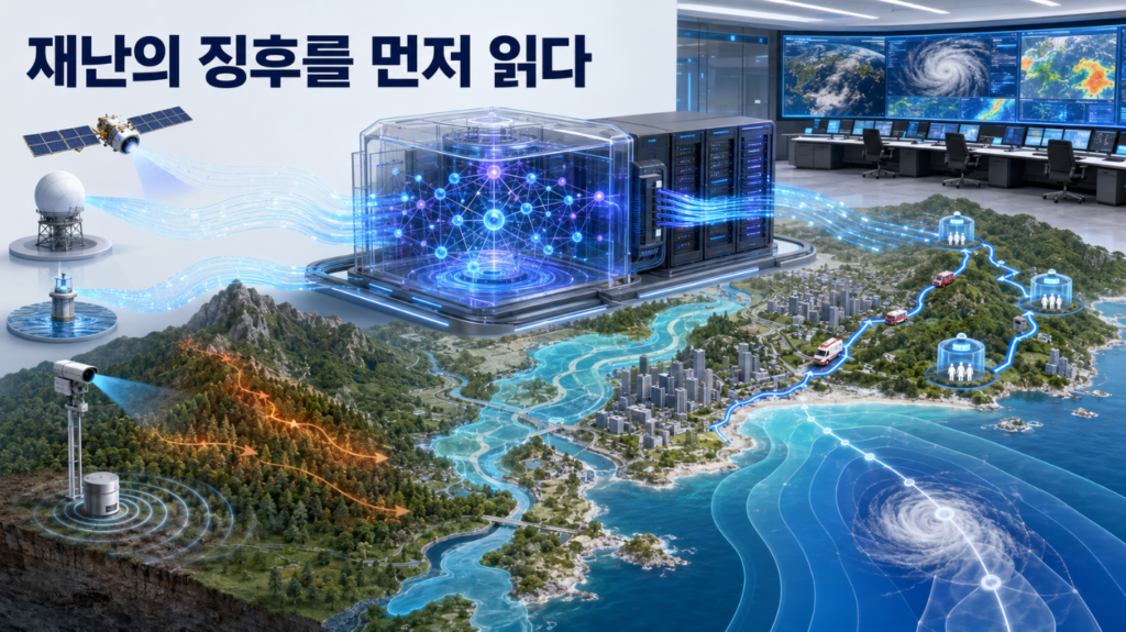 위성과 기상레이더, 하천과 산림센서에서 수집한 자료가 하이브리드 양자컴퓨팅 시스템에서 분석되어 홍수·산불·태풍의 위험경로로 표시되는 모습