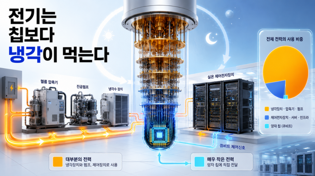 작은 양자프로세서보다 희석냉동기의 헬륨 압축기와 진공펌프, 실온 제어전자장치에 더 많은 전력이 공급되는 모습