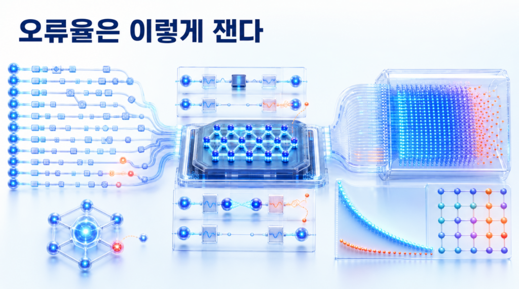 무작위 양자회로를 반복 실행해 게이트와 판독 오류를 측정하고 올바른 결과와 잘못된 결과를 분류하는 모습