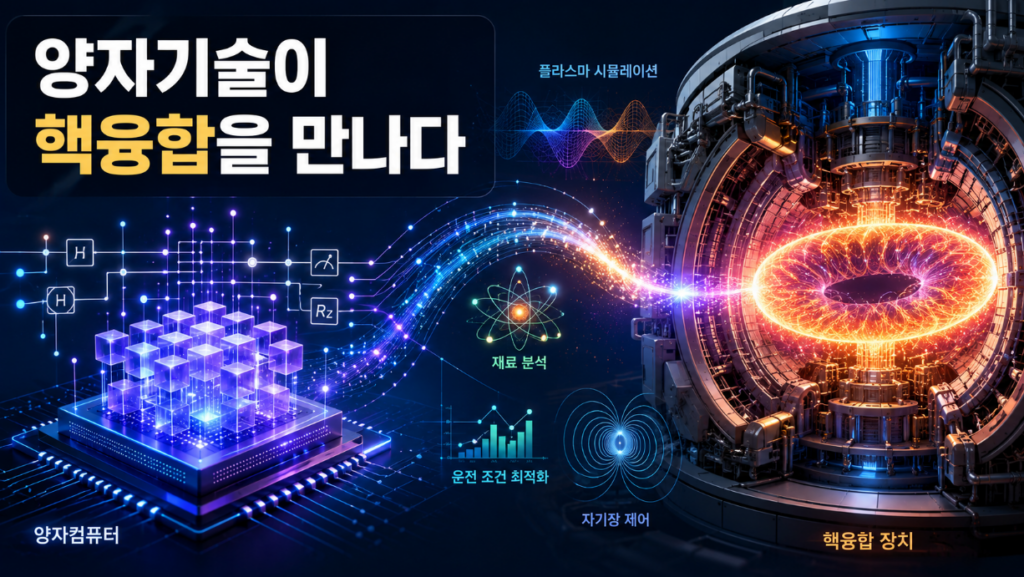 양자 회로에서 나온 빛의 경로가 플라스마가 떠 있는 미래형 핵융합 장치로 연결되는 과학 기술 이미지
