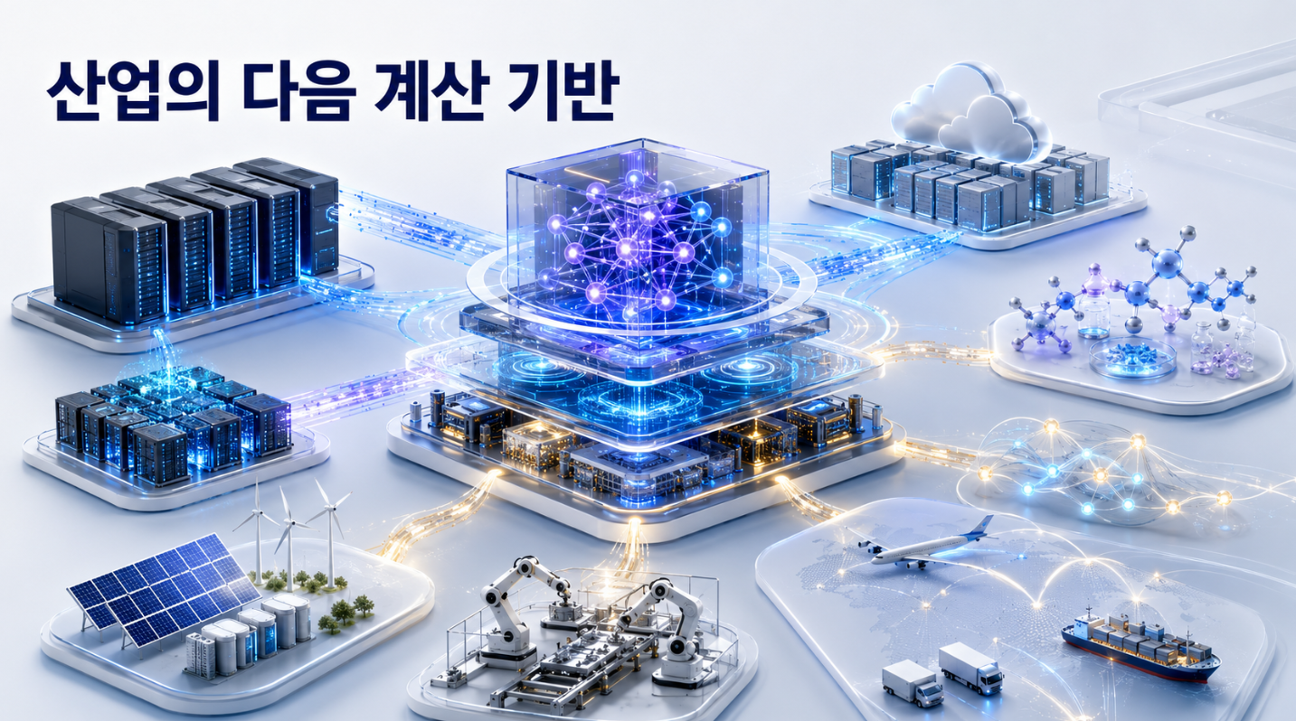 양자처리장치가 AI·슈퍼컴퓨터·클라우드와 결합해 신약과 소재, 에너지·제조·물류 산업을 연결하는 하이브리드 계산 플랫폼의 모습