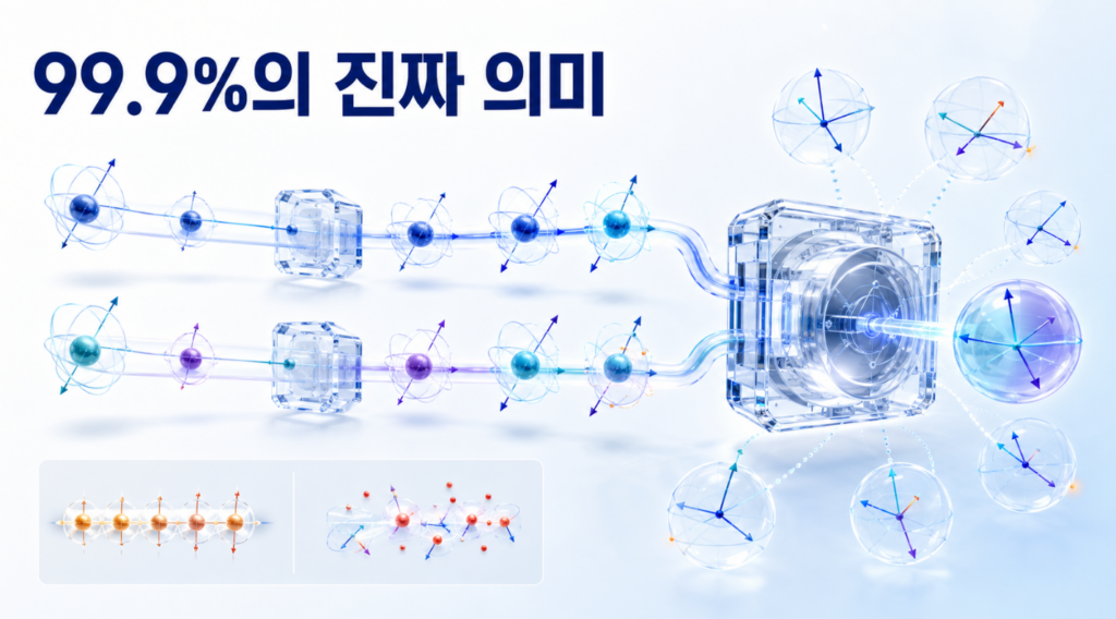 이상적인 양자게이트와 실제 게이트의 출력상태를 비교해 대부분은 겹치고 일부 위상과 회전축에서 작은 차이가 나타나는 모습