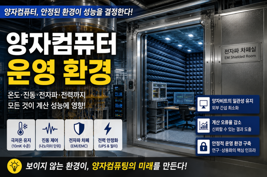 외부 전자파가 패러데이 케이지와 다중 자기 차폐, 적외선 흡수층과 극저온 배선 필터를 거치며 차단되고 초전도 큐비트가 보호되는 모습