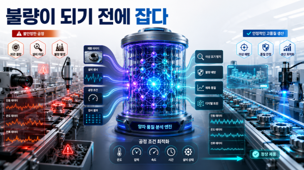 제조라인의 불량제품과 설비 이상 데이터가 양자컴퓨팅 시스템을 거쳐 조기에 탐지되고 고품질 생산공정으로 최적화되는 모습