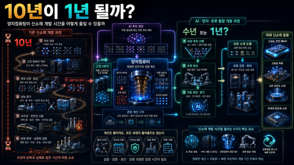 기존의 10년 신소재 개발과정이 AI 후보생성과 양자컴퓨팅 정밀계산, 로봇실험실을 통해 단축되는 과정을 비교한 모습