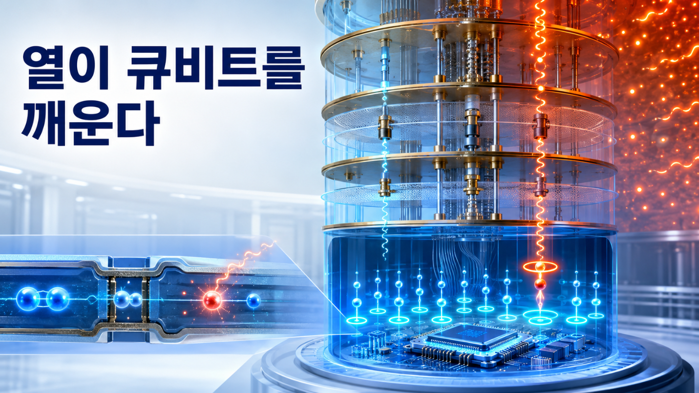 열적 마이크로파 광자는 초전도 큐비트를 들뜨게 하지만 희석냉동기의 차폐와 필터, 극저온 환경이 열을 줄여 큐비트를 바닥상태에 유지하는 모습