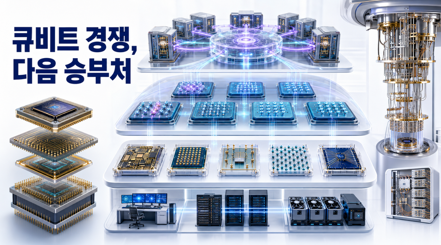 여러 물리적 큐비트가 오류수정된 논리 큐비트로 결합되고 광자 연결망을 통해 모듈형 양자컴퓨터로 확장되는 모습