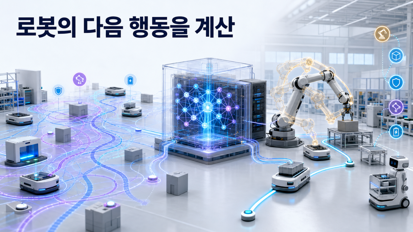 여러 로봇의 센서와 작업정보가 하이브리드 양자컴퓨팅 시스템에서 분석되어 안전한 경로와 작업계획으로 정리되는 모습