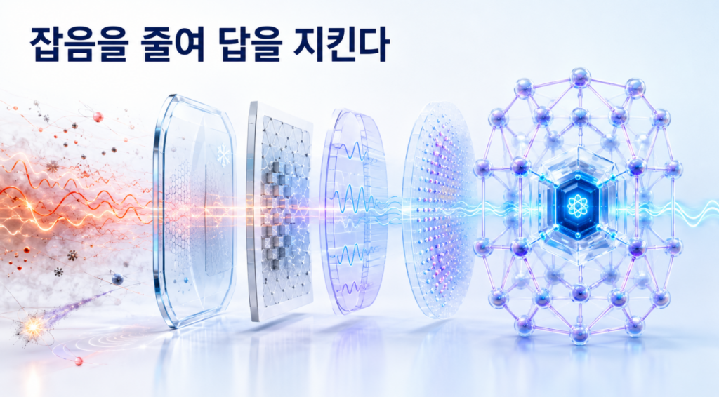 열과 전자기장 등 양자 노이즈가 차폐와 정밀 제어, 오류 완화와 오류 보정 단계를 통과하며 감소하는 모습