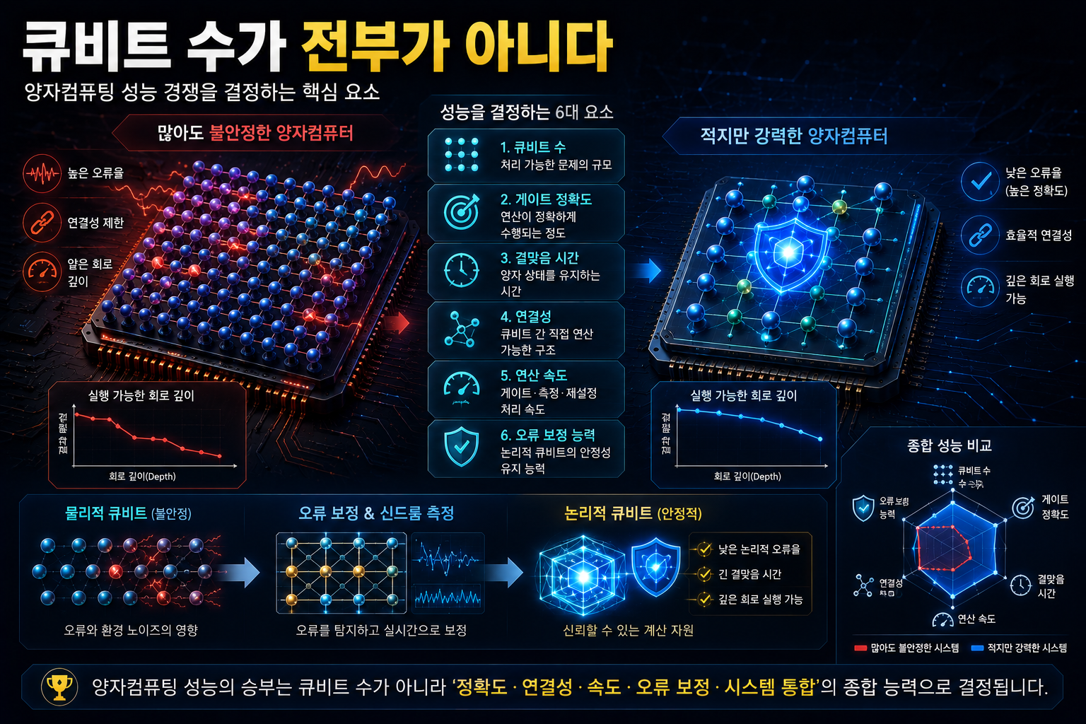 큐비트 수가 많은 양자 프로세서와 정확도·연결성·오류 보정이 우수한 프로세서를 비교한 양자컴퓨팅 성능 이미지